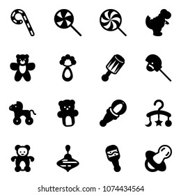 Solid vector icon set - lollipop vector, dinosaur toy, bear, beanbag, horse stick, wheel, baby carousel, wirligig, soother
