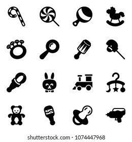 Solid Vector Icon Set - Lollipop Vector, Beanbag, Rocking Horse, Stick Toy, Rabbit, Train, Baby Carousel, Bear, Soother, Water Gun