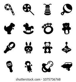 Solid Vector Icon Set - Lollipop Vector, Pyramid Toy, Beanbag, Dinosaur, Rocking Horse, Bear, Rabbit, Wirligig, Doll, Soother, Water Gun