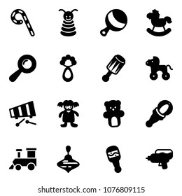 Solid Vector Icon Set - Lollipop Vector, Pyramid Toy, Beanbag, Rocking Horse, Wheel, Xylophone, Doll, Bear, Train, Wirligig, Water Gun