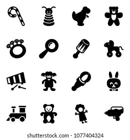 Solid Vector Icon Set - Lollipop Vector, Pyramid Toy, Dinosaur, Bear, Beanbag, Wheel Horse, Xylophone, Doll, Rabbit, Train, Water Gun