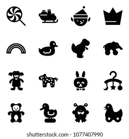 Solid vector icon set - lollipop vector, santa sleigh, christmas elf, crown, rainbow, duck toy, dinosaur, elephant wheel, doll, horse, rabbit, baby carousel, bear, monster