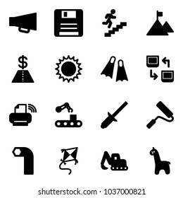 Solid vector icon set - loudspeaker vector, save, career, mountain, dollar, sun, flippers, data exchange, printer wireless, conveyor, clinch, paint roller, allen key, kite, excavator toy, giraffe