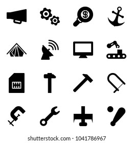 Solid vector icon set - loudspeaker vector, gears, search money, anchor, tent, satellite antenna, monitor, conveyor, sim, hammer, fretsaw, clamp, wrench, milling cutter, baseball bat