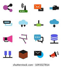 solid vector icon set - loudspeaker vector, dialog, hdmi, connect, network, server, cloud exchange, big data, router, lan connector, share, download, mail