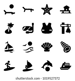 Solid vector icon set - lounger vector, starfish, bungalow, palm, diving, life vest, ship bell, sail boat, waves, shell, surfing, windsurfing, dolphin, cruiser