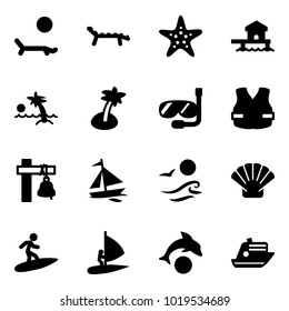 Solid vector icon set - lounger vector, starfish, bungalow, palm, diving, life vest, ship bell, sail boat, waves, shell, surfing, windsurfing, dolphin, cruiser