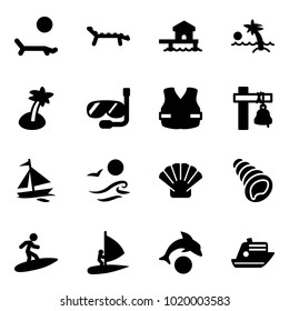 Solid vector icon set - lounger vector, bungalow, palm, diving, life vest, ship bell, sail boat, waves, shell, surfing, windsurfing, dolphin, cruiser
