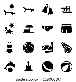 Solid vector icon set - lounger vector, flippers, pool, beach, inflatable, swimsuit, ball, diving, shell, dolphin, sand castle