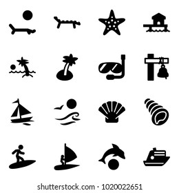 Solid vector icon set - lounger vector, starfish, bungalow, palm, diving, ship bell, sail boat, waves, shell, surfing, windsurfing, dolphin, cruiser