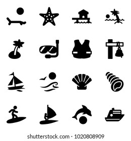 Solid vector icon set - lounger vector, starfish, bungalow, palm, diving, life vest, ship bell, sail boat, waves, shell, surfing, windsurfing, dolphin, cruiser