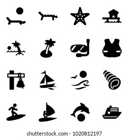 Solid vector icon set - lounger vector, starfish, bungalow, palm, diving, life vest, ship bell, sail boat, waves, shell, surfing, windsurfing, dolphin, cruiser