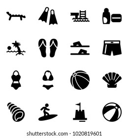 Solid vector icon set - lounger vector, flippers, pool, uv cream, palm, flip flops, swimsuit, ball, shell, surfing, sand castle, beach