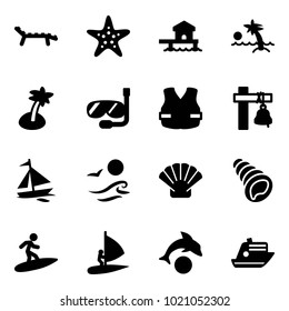 Solid vector icon set - lounger vector, starfish, bungalow, palm, diving, life vest, ship bell, sail boat, waves, shell, surfing, windsurfing, dolphin, cruiser