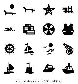 Solid vector icon set - lounger vector, starfish, pool, swimming, sea hotel, parasol, life vest, hand wheel, sail boat, waves, shell, windsurfing, sand castle, cruiser, toy