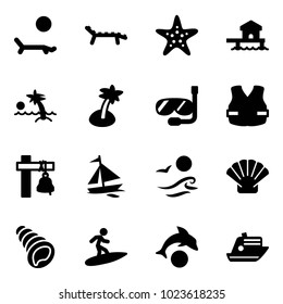 Solid vector icon set - lounger vector, starfish, bungalow, palm, diving, life vest, ship bell, sail boat, waves, shell, surfing, dolphin, cruiser