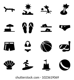 Solid vector icon set - lounger vector, reading, palm, inflatable pool, flip flops, swimsuit, ball, diving, shell, surfing, sand castle