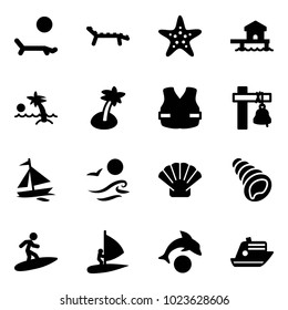 Solid vector icon set - lounger vector, starfish, bungalow, palm, life vest, ship bell, sail boat, waves, shell, surfing, windsurfing, dolphin, cruiser