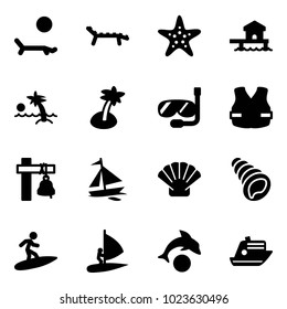 Solid vector icon set - lounger vector, starfish, bungalow, palm, diving, life vest, ship bell, sail boat, shell, surfing, windsurfing, dolphin, cruiser