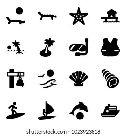 Solid vector icon set - lounger vector, starfish, bungalow, palm, diving, life vest, ship bell, waves, shell, surfing, windsurfing, dolphin, cruiser