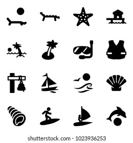 Solid vector icon set - lounger vector, starfish, bungalow, palm, diving, life vest, ship bell, sail boat, waves, shell, surfing, windsurfing, dolphin