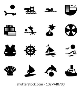 Solid vector icon set - lounger vector, pool, swimming, hotel, sea, palm, parasol, life vest, hand wheel, sail boat, waves, shell, windsurfing, dolphin, toy