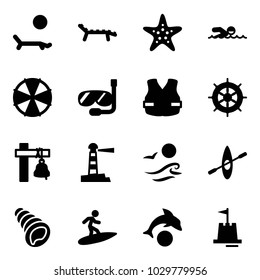 Solid vector icon set - lounger vector, starfish, swimming, parasol, diving, life vest, hand wheel, ship bell, lighthouse, waves, kayak, shell, surfing, dolphin, sand castle