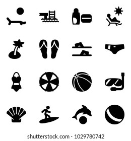 Solid vector icon set - lounger vector, pool, uv cream, beach, palm, flip flops, swimsuit, parasol, ball, diving, shell, surfing, dolphin