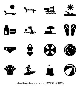 Solid vector icon set - lounger vector, pool, reading, uv cream, palm, inflatable, flip flops, swimsuit, parasol, ball, shell, surfing, sand castle, beach