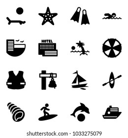 Solid vector icon set - lounger vector, starfish, flippers, swimming, hotel, sea, palm, parasol, life vest, ship bell, sail boat, kayak, shell, surfing, dolphin, cruiser