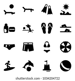 Solid vector icon set - lounger vector, flippers, reading, uv cream, palm, flip flops, swimsuit, parasol, surfing, dolphin, sand castle, ball