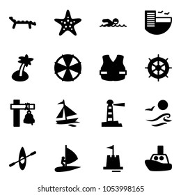 Solid vector icon set - lounger vector, starfish, swimming, hotel, palm, parasol, life vest, hand wheel, ship bell, sail boat, lighthouse, waves, kayak, windsurfing, sand castle, toy