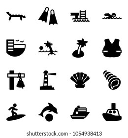 Solid vector icon set - lounger vector, flippers, pool, swimming, hotel, palm, life vest, ship bell, lighthouse, shell, surfing, dolphin, cruiser, toy boat