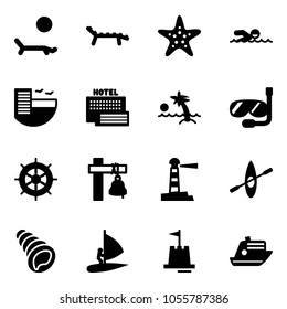 Solid vector icon set - lounger vector, starfish, swimming, hotel, sea, palm, diving, hand wheel, ship bell, lighthouse, kayak, shell, windsurfing, sand castle, cruiser