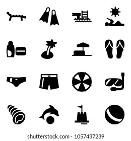 Solid vector icon set - lounger vector, flippers, pool, reading, uv cream, palm, inflatable, flip flops, swimsuit, parasol, diving, shell, dolphin, sand castle, ball