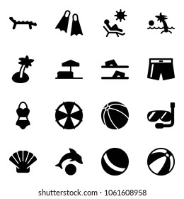 Solid vector icon set - lounger vector, flippers, beach, palm, inflatable pool, flip flops, swimsuit, parasol, ball, diving, shell, dolphin
