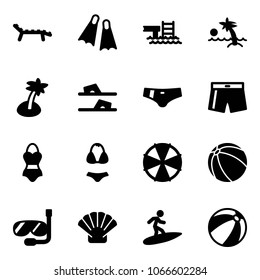 Solid vector icon set - lounger vector, flippers, pool, palm, flip flops, swimsuit, parasol, ball, diving, shell, surfing, beach
