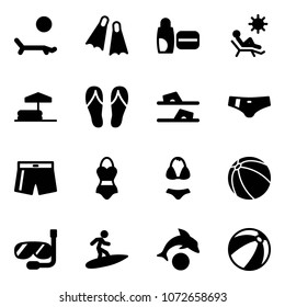 Solid vector icon set - lounger vector, flippers, uv cream, beach, inflatable pool, flip flops, swimsuit, ball, diving, surfing, dolphin