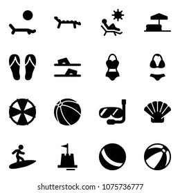 Solid vector icon set - lounger vector, beach, inflatable pool, flip flops, swimsuit, parasol, ball, diving, shell, surfing, sand castle