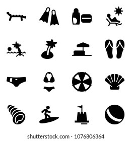 Solid vector icon set - lounger vector, flippers, uv cream, beach, palm, inflatable pool, flip flops, swimsuit, parasol, shell, surfing, sand castle, ball