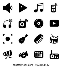 Solid vector icon set - low volume vector, play, music, player, wireless headphones, speaker, cd, playback, record button, guitar, tambourine, drum, xylophone, horn toy, piano, radio