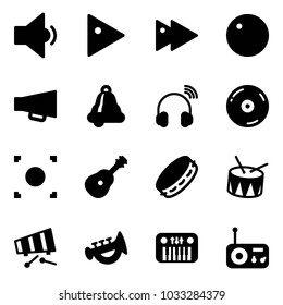 Solid vector icon set - low volume vector, play, fast forward, record, loudspeaker, bell, wireless headphones, cd, button, guitar, tambourine, drum, xylophone, horn toy, piano, radio