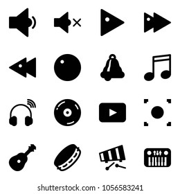 Solid vector icon set - low volume vector, off, play, fast forward, backward, record, bell, music, wireless headphones, cd, playback, button, guitar, tambourine, xylophone, toy piano