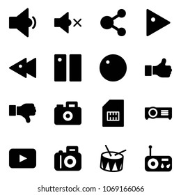Solid vector icon set - low volume vector, off, share, play, fast backward, pause, record, like, dislike, camera, sim, projector, playback, drum, radio