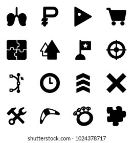 Solid vector icon set - lungs vector, ruble, play, cart, puzzle, arrow up, flag, target, bezier, clock, chevron, delete, wrench hammer, boomerang, beanbag