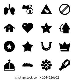 Solid vector icon set - lungs vector, encashment, multi lane traffic road sign, no limit, home, heart, star, arrow up, medal, luck, crown, limousine, flower, beanbag