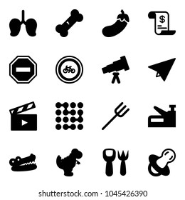Solid vector icon set - lungs vector, broken bone, eggplant, account history, no way road sign, bike, telescope, paper plane, movie flap, circuit, farm fork, stapler, crocodile, dinosaur toy, shovel