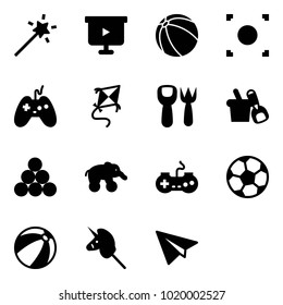 Solid vector icon set - Magic wand vector, presentation board, ball, record button, joystick, kite, shovel fork toy, bucket, billiards balls, elephant wheel, gamepad, soccer, beach, unicorn stick