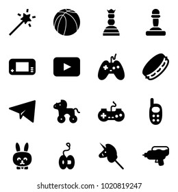 Solid vector icon set - Magic wand vector, basketball ball, chess queen, pawn, game console, playback, joystick, tambourine, paper plane, wheel horse, gamepad, phone toy, rabbit, yoyo, unicorn stick