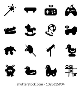 Solid vector icon set - Magic wand vector, skateboard, joystick wireless, crocodile, rocking horse, teethers, baby car, elephant wheel, toy unicorn stick, windmill, duck, monster, Tic tac toe